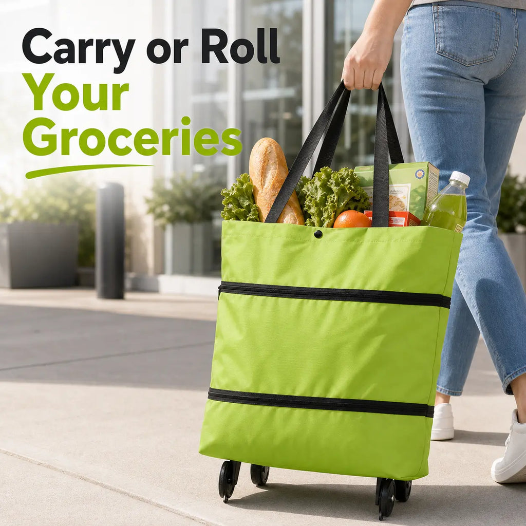 Foldable Rolling Shopping Bag with Wheels, Reusable Grocery Tote Cart, Lightweight Oxford Cloth Shopping Bag with Handles for Groceries, Laundry, Travel and Errands
