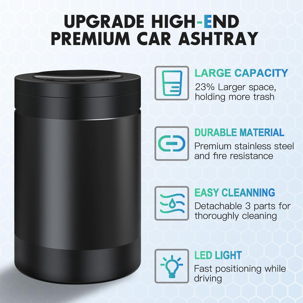 Car Ashtray with Lid, Portable Ashtray for Car, Mini Car Trash Can | Detachable Stainless Steel Smokeless Ash Tray with LED Blue Light