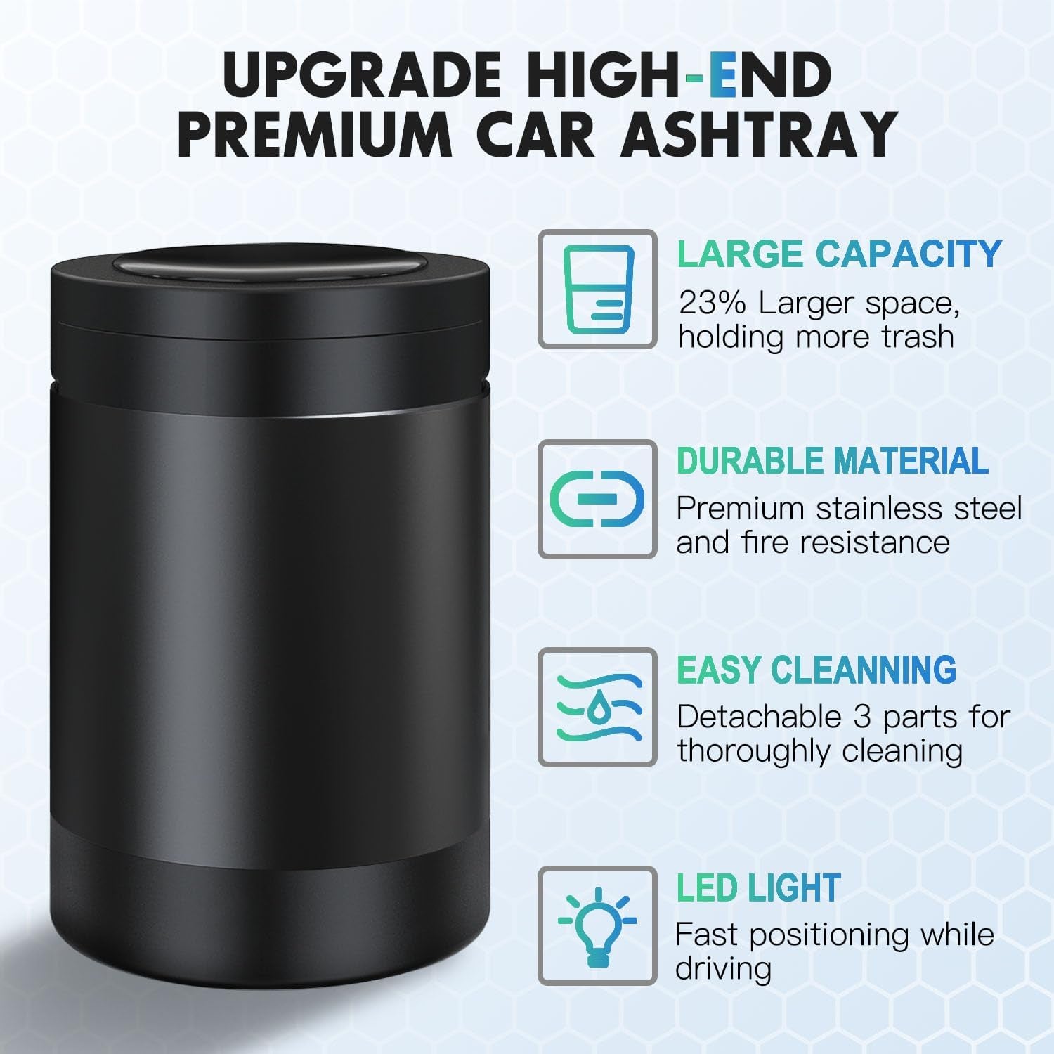 Car Ashtray with Lid, Portable Ashtray for Car, Mini Car Trash Can | Detachable Stainless Steel Smokeless Ash Tray with LED Blue Light