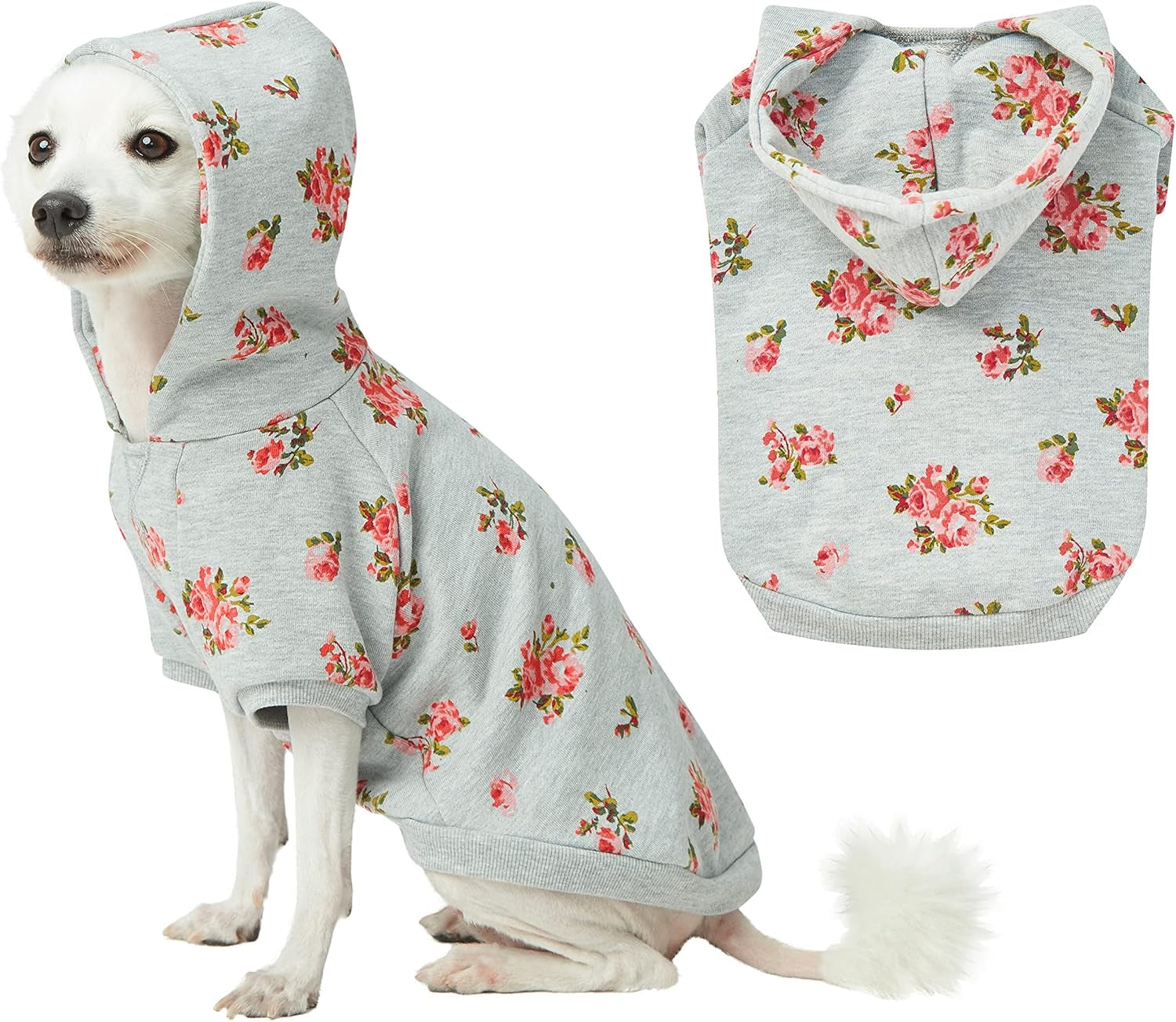 Floral Dog Hoodie, Rose Print Pullover Sweatshirt for Large Dogs, 22" Back Length, Lightweight Spring Outfit in Stylish Grey