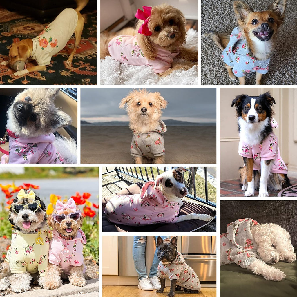 Floral Dog Hoodie, Rose Print Pullover Sweatshirt for Large Dogs, 22" Back Length, Lightweight Spring Outfit in Stylish Grey