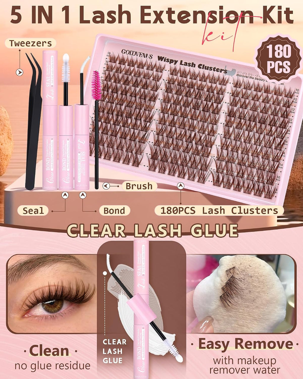 Brown Wispy Eye Lash Clusters Kit Natural Cluster Eyelash Extensions Kit False Eyelash Clusters Fluffy DIY Individual Lash Extensions Kit C Curl