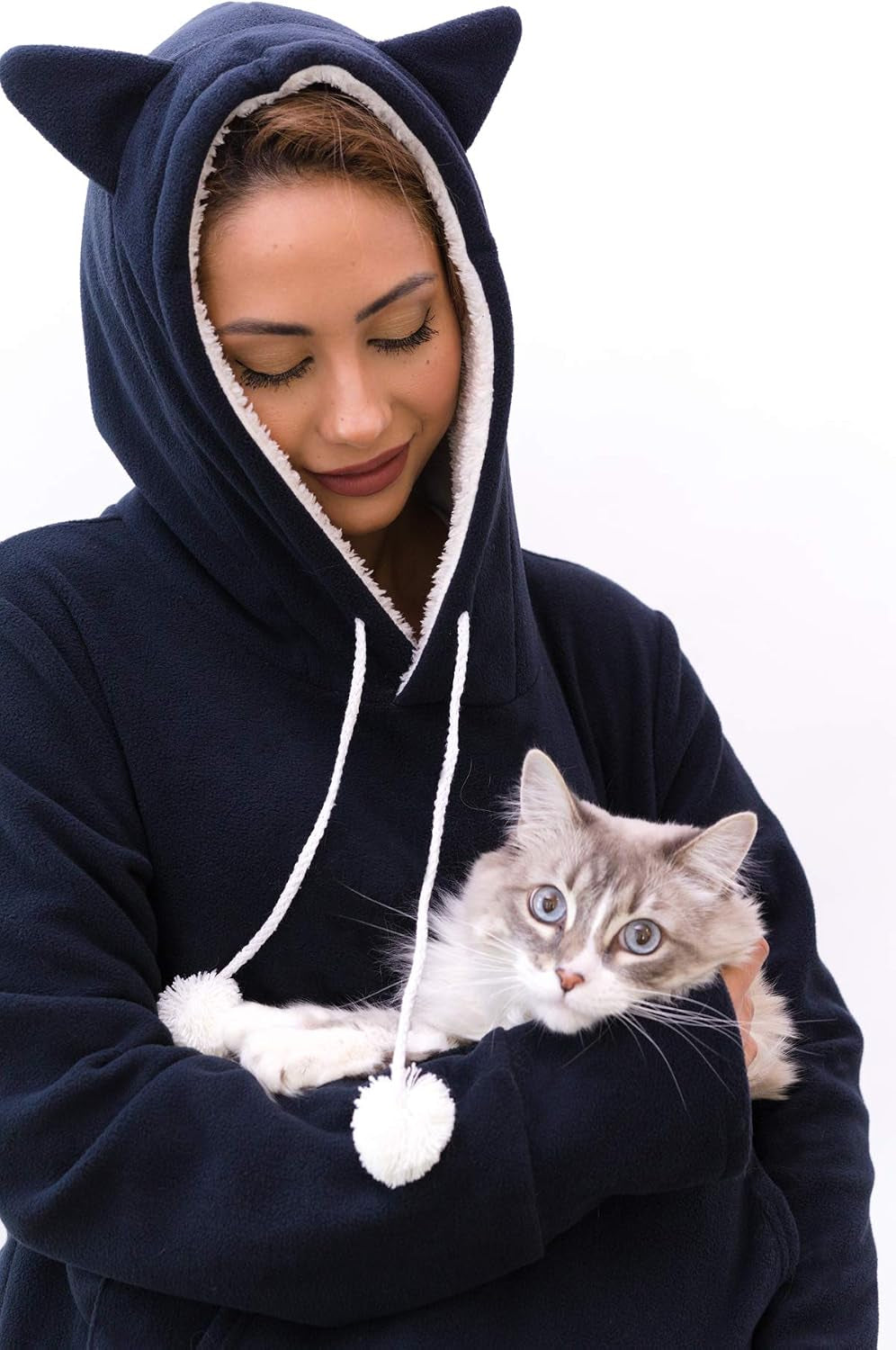 Kangakitty Cat Pouch Hoodie with Ears | Wearable Small Dog & Cat Carrier | Women'S Pullover Sweatshirt (Large) Blue