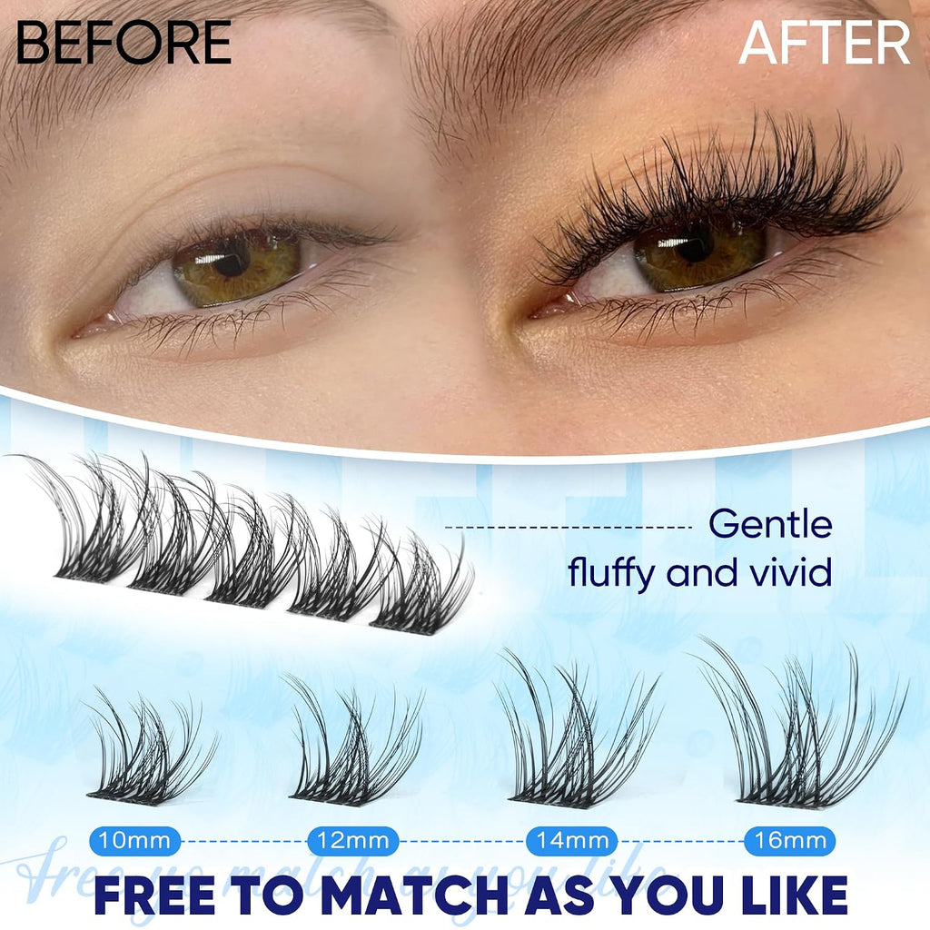 Natural Fluffy Lash Clusters 10-16MM Wispy Eyelash Clusters D Curl Lashes Clusters Invisible Band Cluster Eyelash Extensions Easy Application Cluster Lashes Soft Volume Individual Lashes by