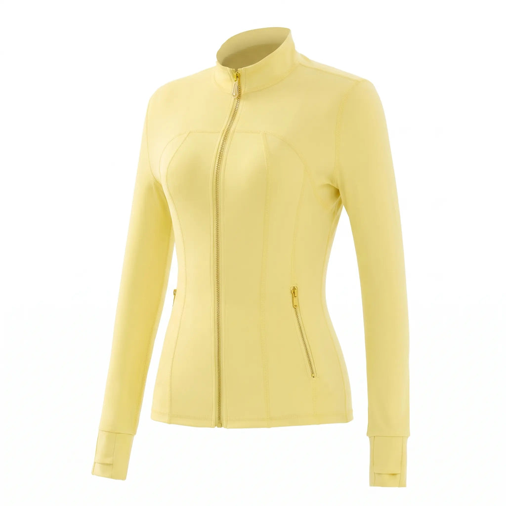 Gold Zipper Thumb Hole Yoga Jacket Women Slim Full Zip Workout Coat Zipper Pocket Fitness Activewear, Top & Leggings Separate Sale Backtoschool