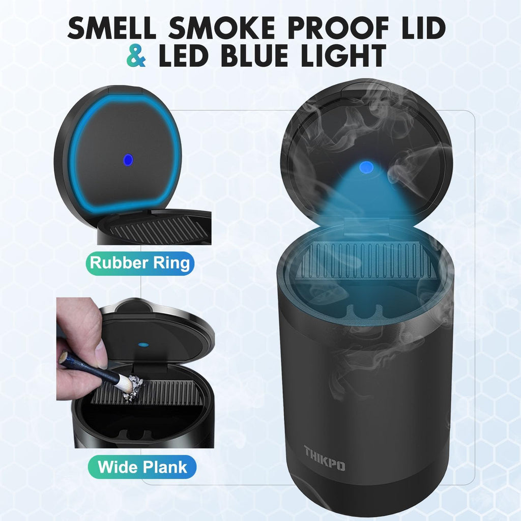 Car Ashtray with Lid, Portable Ashtray for Car, Mini Car Trash Can | Detachable Stainless Steel Smokeless Ash Tray with LED Blue Light