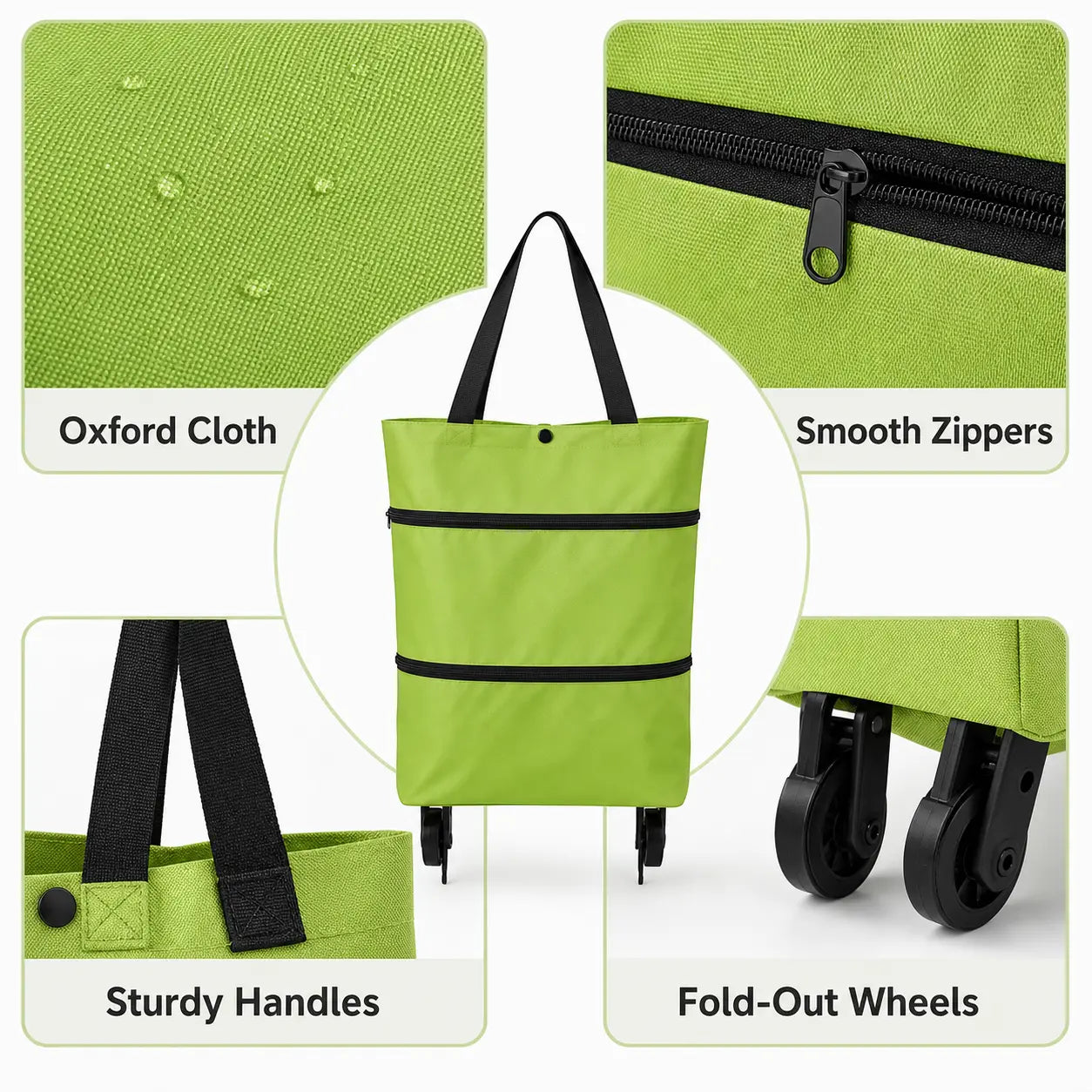 Foldable Rolling Shopping Bag with Wheels, Reusable Grocery Tote Cart, Lightweight Oxford Cloth Shopping Bag with Handles for Groceries, Laundry, Travel and Errands