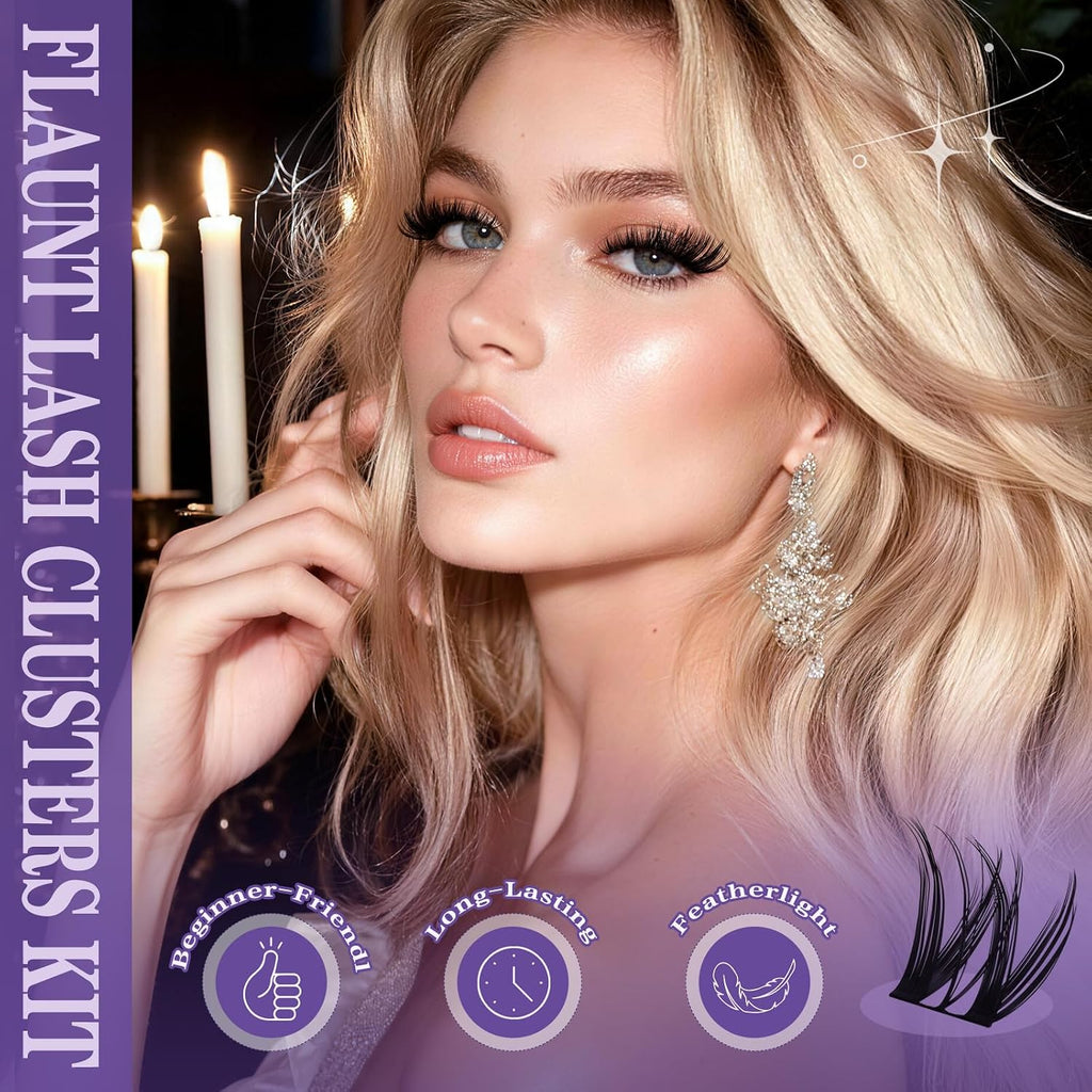 B&Q Flora Lash Clusters Kit 156PCS Flaunt Eyelash Clusters Medium Dramatic | Natural Lash Cluster Spider Lashes D-Curl Wet Look 8-18MIX All-In-One Lash Extension Kit for Sensitive Eyes Beginner-Friendly
