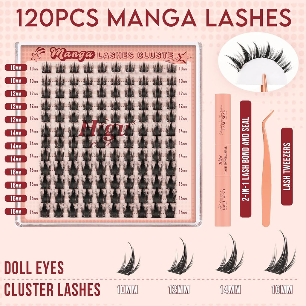 Manga-Lash-Clusters,120Pcs 10-16Mm Lash-Clusters Kit with Spikes,Anime Style DIY Cluster Eyelash Extensions with Bond and Seal and Tweezers（Manga-Kit-120Pcs）