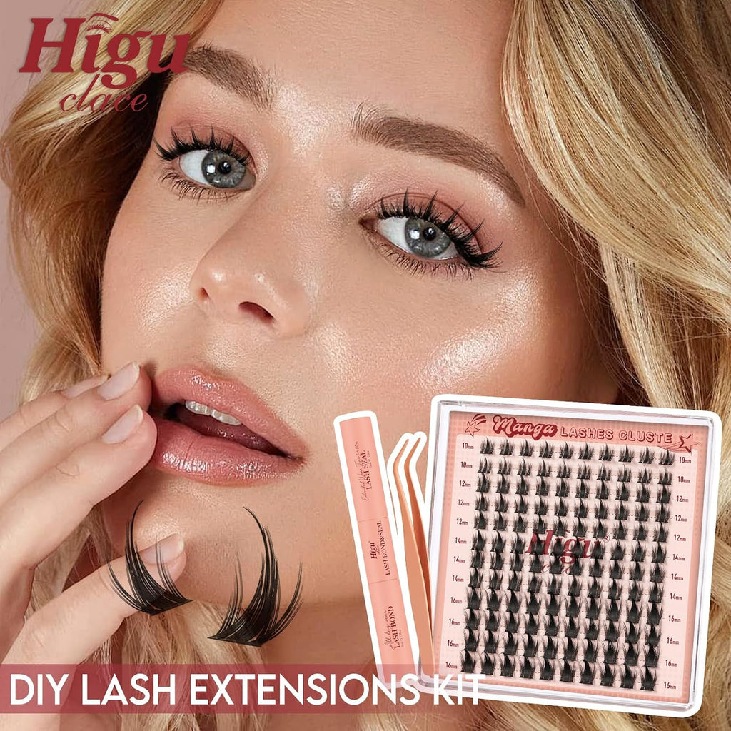 Manga-Lash-Clusters,120Pcs 10-16Mm Lash-Clusters Kit with Spikes,Anime Style DIY Cluster Eyelash Extensions with Bond and Seal and Tweezers（Manga-Kit-120Pcs）