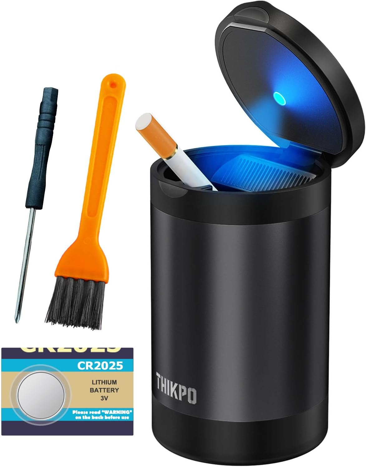 Car Ashtray with Lid, Portable Ashtray for Car, Mini Car Trash Can | Detachable Stainless Steel Smokeless Ash Tray with LED Blue Light