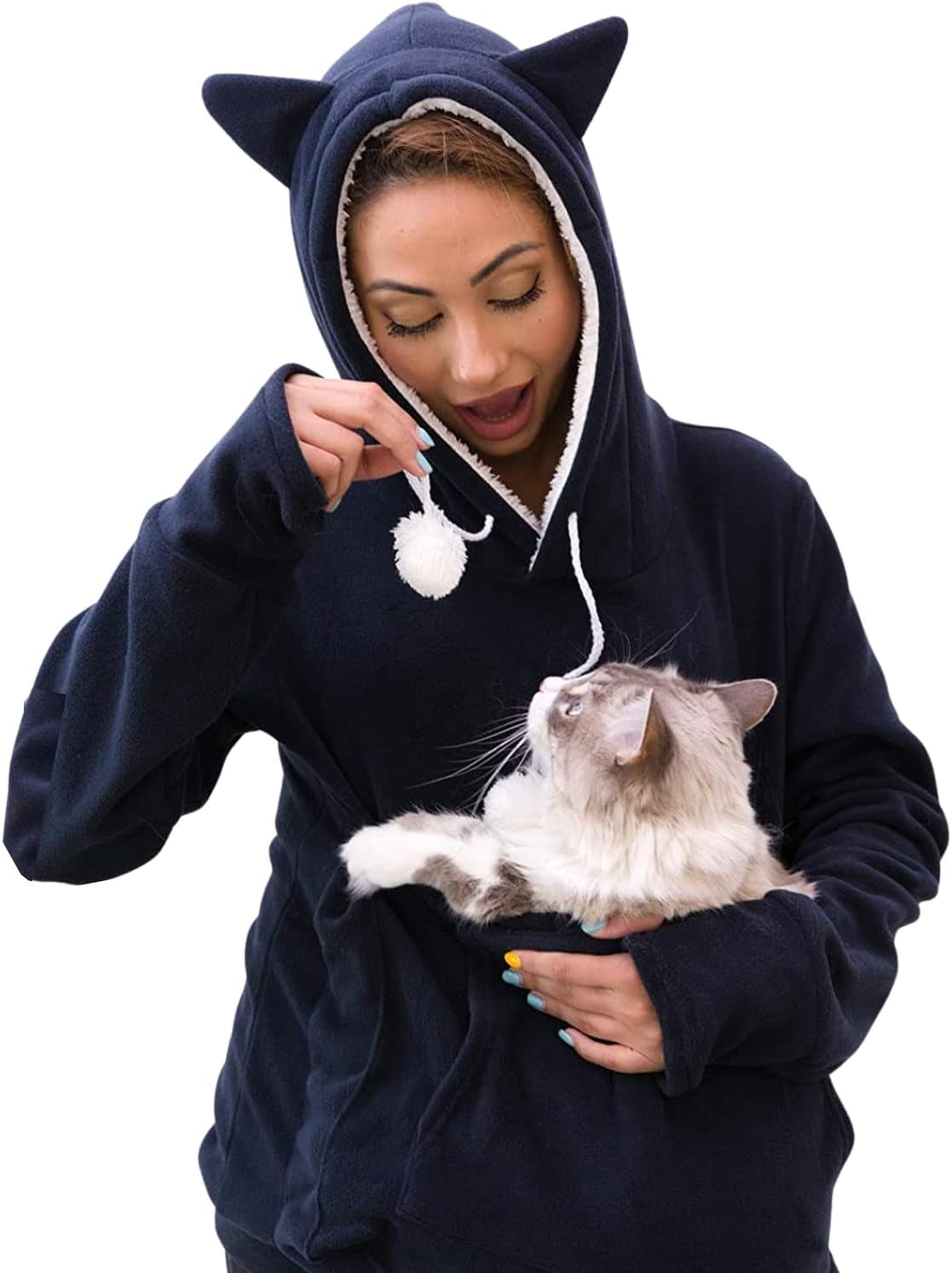 Kangakitty Cat Pouch Hoodie with Ears | Wearable Small Dog & Cat Carrier | Women'S Pullover Sweatshirt (Large) Blue