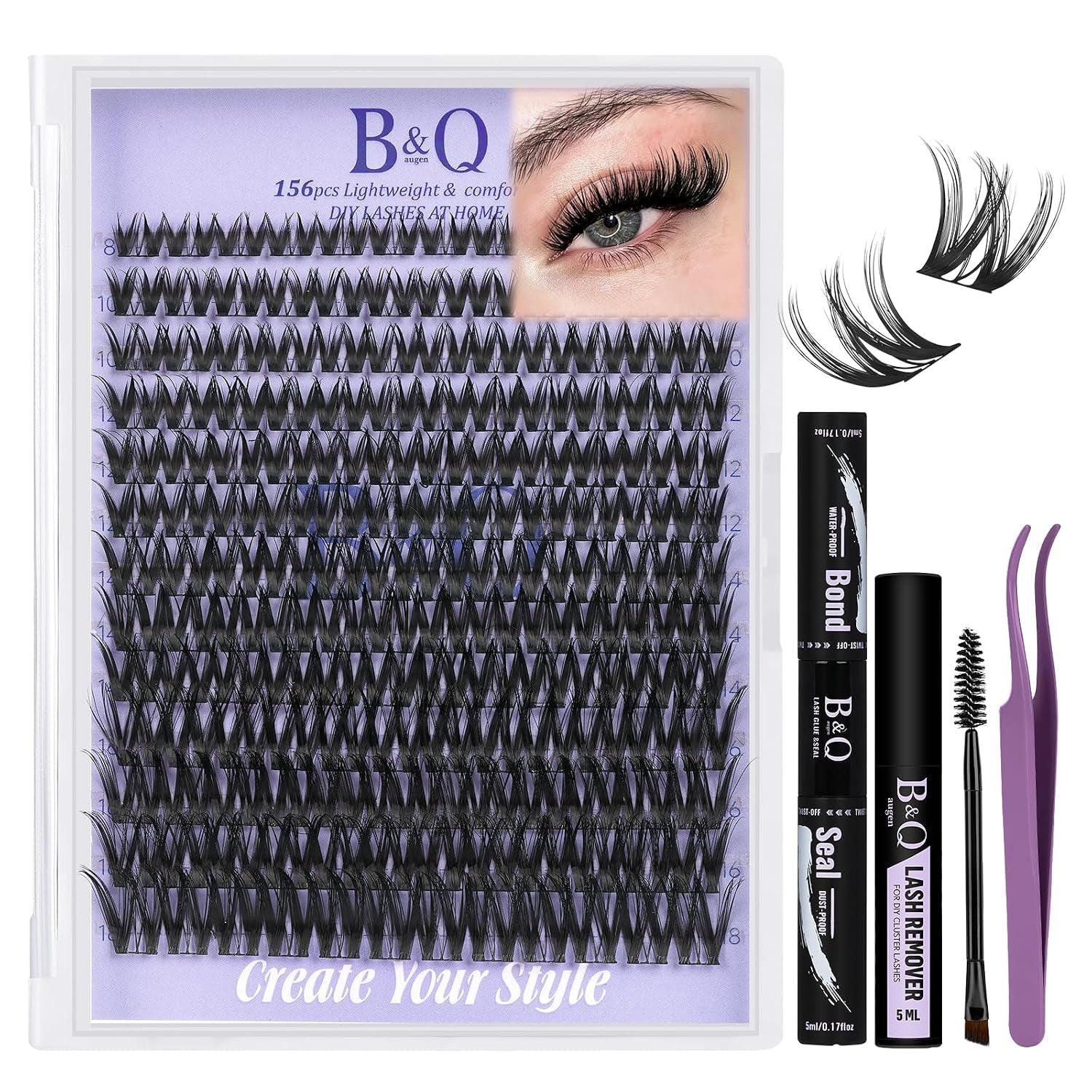 B&Q Flora Lash Clusters Kit 156PCS Flaunt Eyelash Clusters Medium Dramatic | Natural Lash Cluster Spider Lashes D-Curl Wet Look 8-18MIX All-In-One Lash Extension Kit for Sensitive Eyes Beginner-Friendly