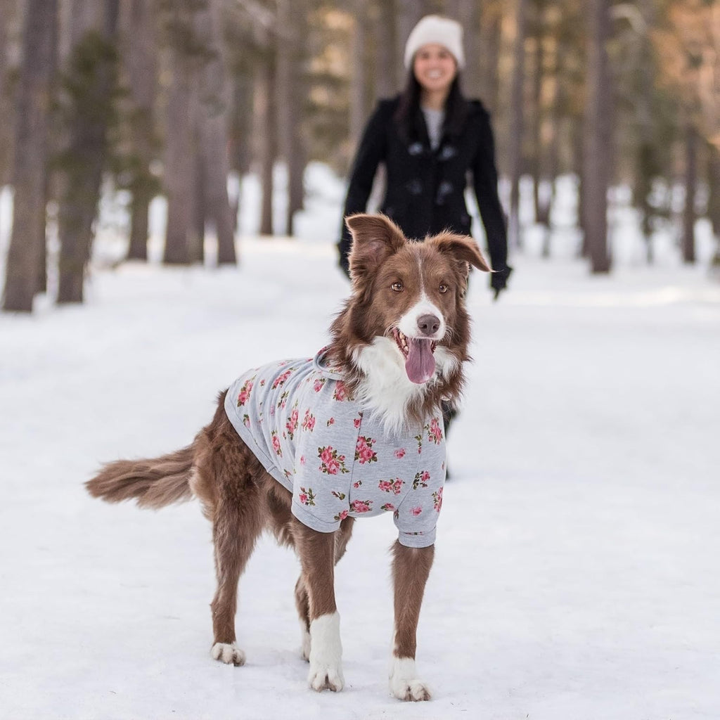 Floral Dog Hoodie, Rose Print Pullover Sweatshirt for Large Dogs, 22" Back Length, Lightweight Spring Outfit in Stylish Grey