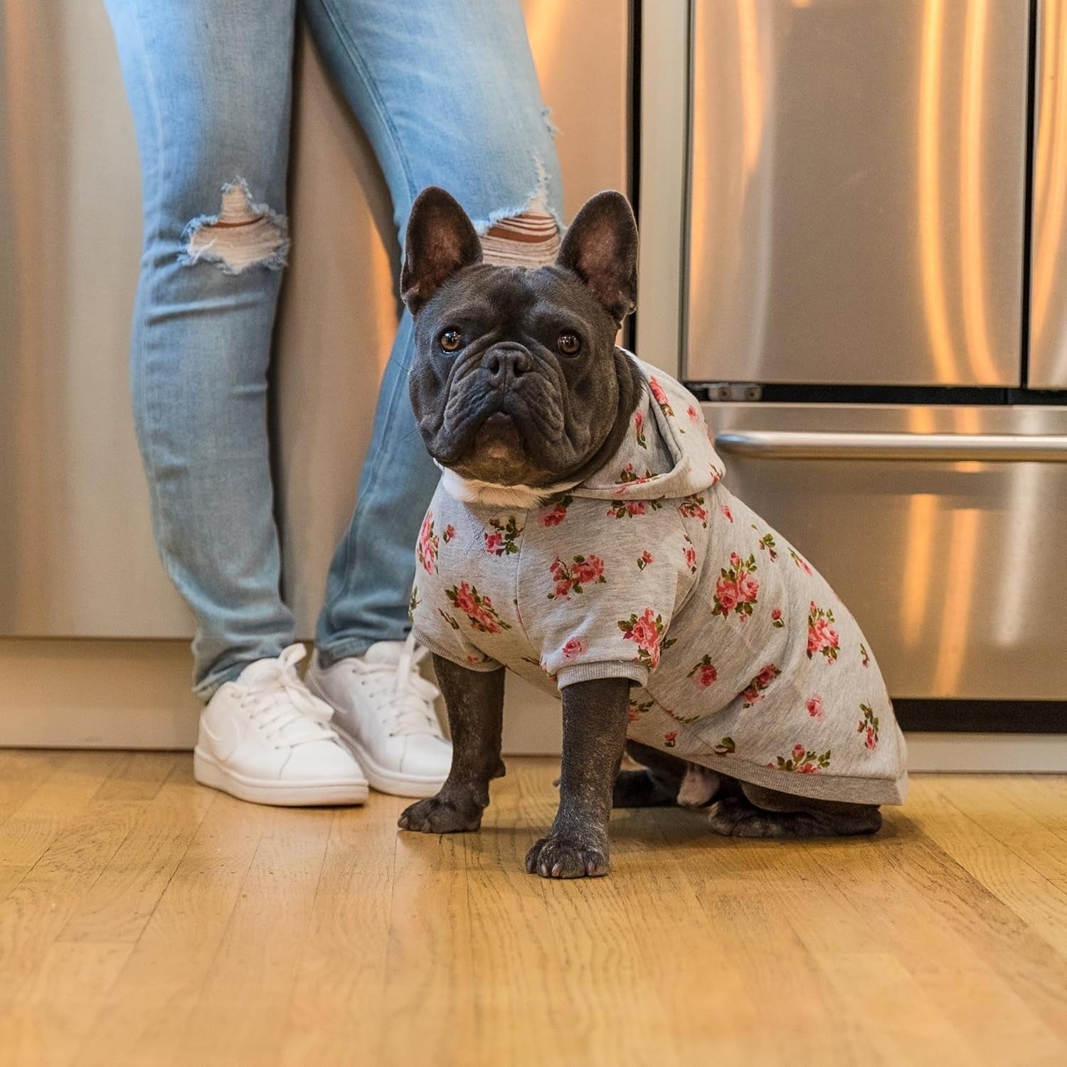 Floral Dog Hoodie, Rose Print Pullover Sweatshirt for Large Dogs, 22" Back Length, Lightweight Spring Outfit in Stylish Grey