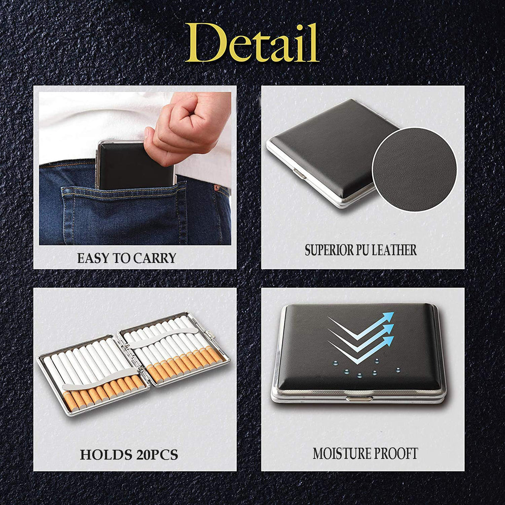 Cigarette Case Stylish Leather Surface Metal Box for 20 Cigarettes Cigarette Box for Men and Women Ideal Gift for Smoker 2 Boxes 84Mm Regular Size(Black + Brown)