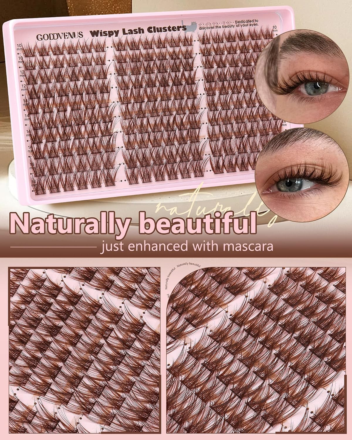 Brown Wispy Eye Lash Clusters Kit Natural Cluster Eyelash Extensions Kit False Eyelash Clusters Fluffy DIY Individual Lash Extensions Kit C Curl