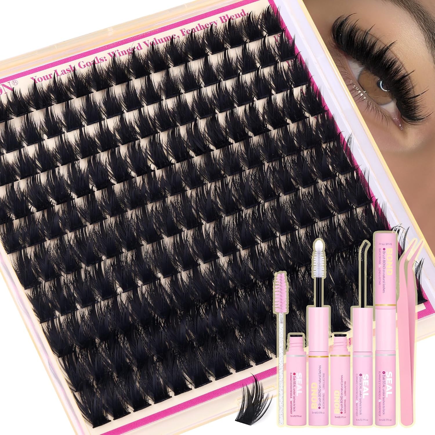 Manga Volume Lash Clusters Kit, Spiky D Curl 10-18Mm with Bond and Seal | Thick Fluffy Fibers, Lash Tweezers and Brush for a Complete DIY Routine
