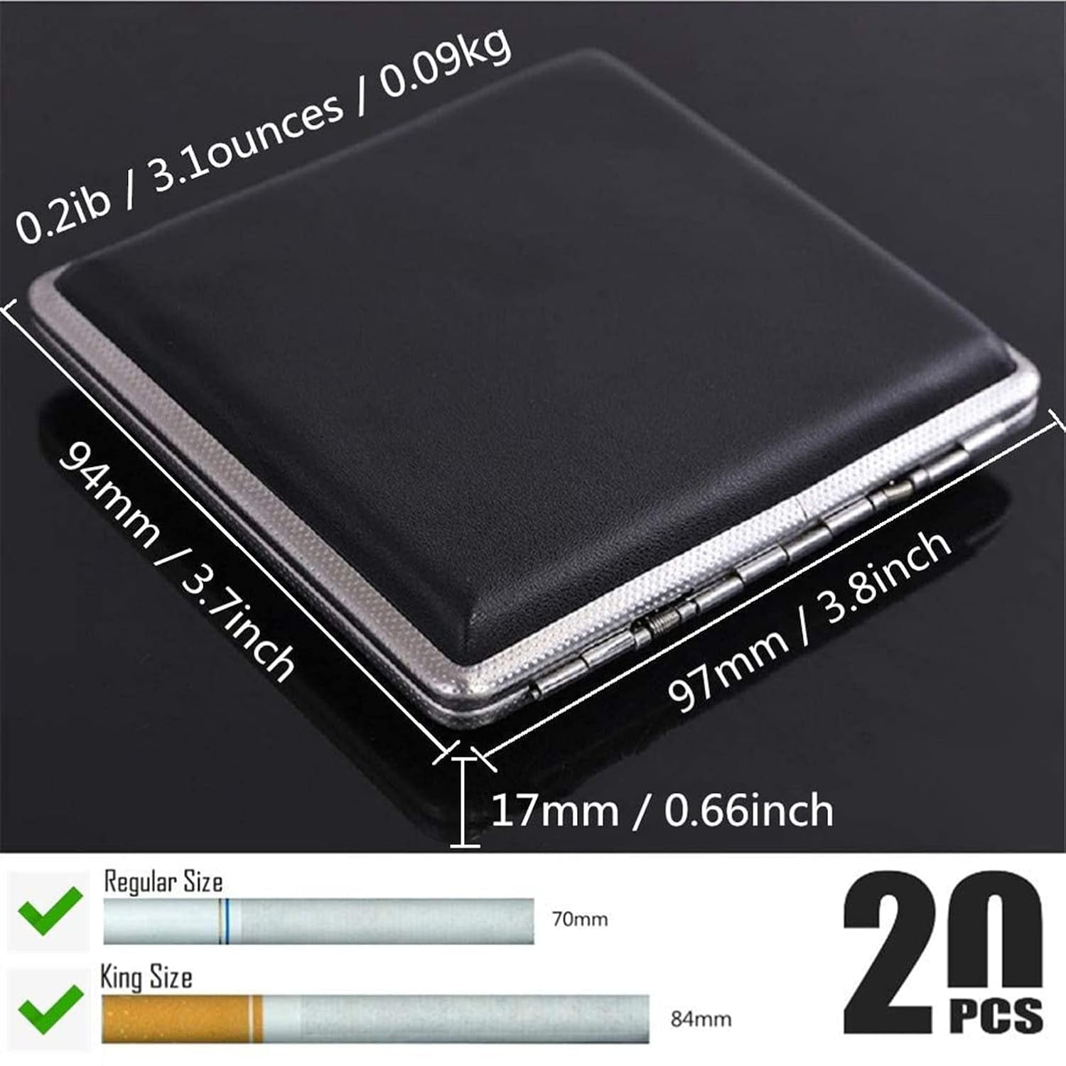 Cigarette Case Stylish Leather Surface Metal Box for 20 Cigarettes Cigarette Box for Men and Women Ideal Gift for Smoker 2 Boxes 84Mm Regular Size(Black + Brown)