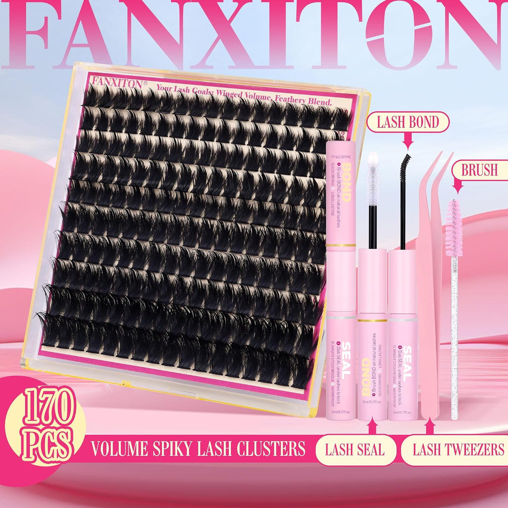 Manga Volume Lash Clusters Kit, Spiky D Curl 10-18Mm with Bond and Seal | Thick Fluffy Fibers, Lash Tweezers and Brush for a Complete DIY Routine