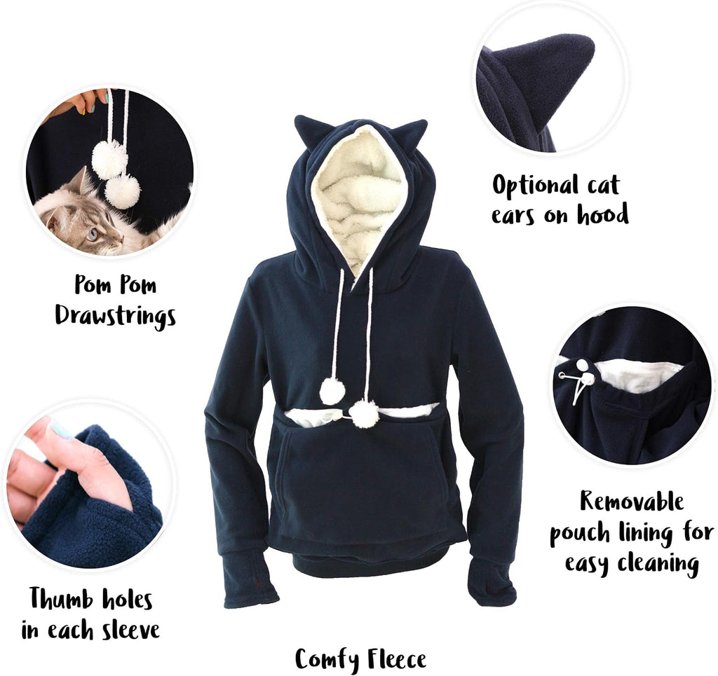 Kangakitty Cat Pouch Hoodie with Ears | Wearable Small Dog & Cat Carrier | Women'S Pullover Sweatshirt (Large) Blue