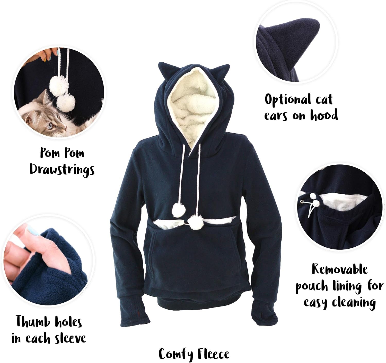 Kangakitty Cat Pouch Hoodie with Ears | Wearable Small Dog & Cat Carrier | Women'S Pullover Sweatshirt (Large) Blue
