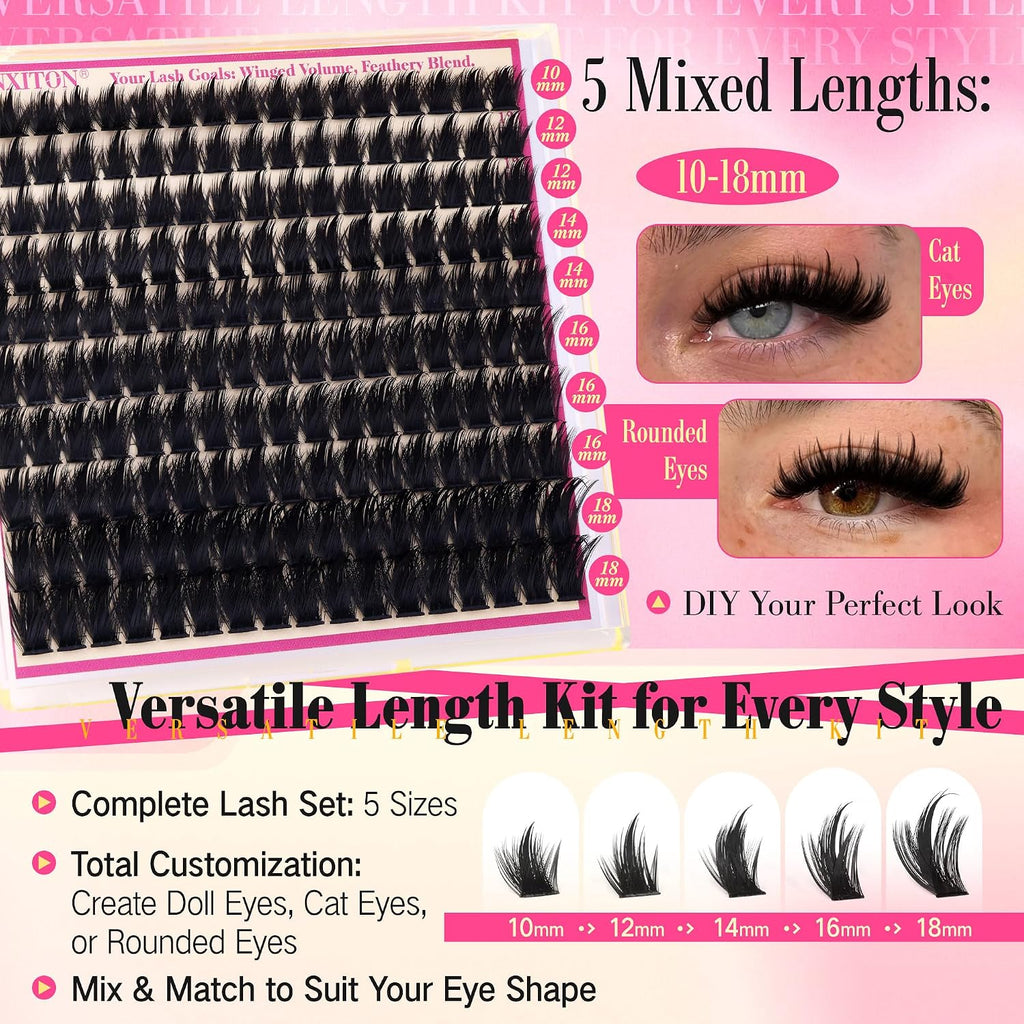 Manga Volume Lash Clusters Kit, Spiky D Curl 10-18Mm with Bond and Seal | Thick Fluffy Fibers, Lash Tweezers and Brush for a Complete DIY Routine