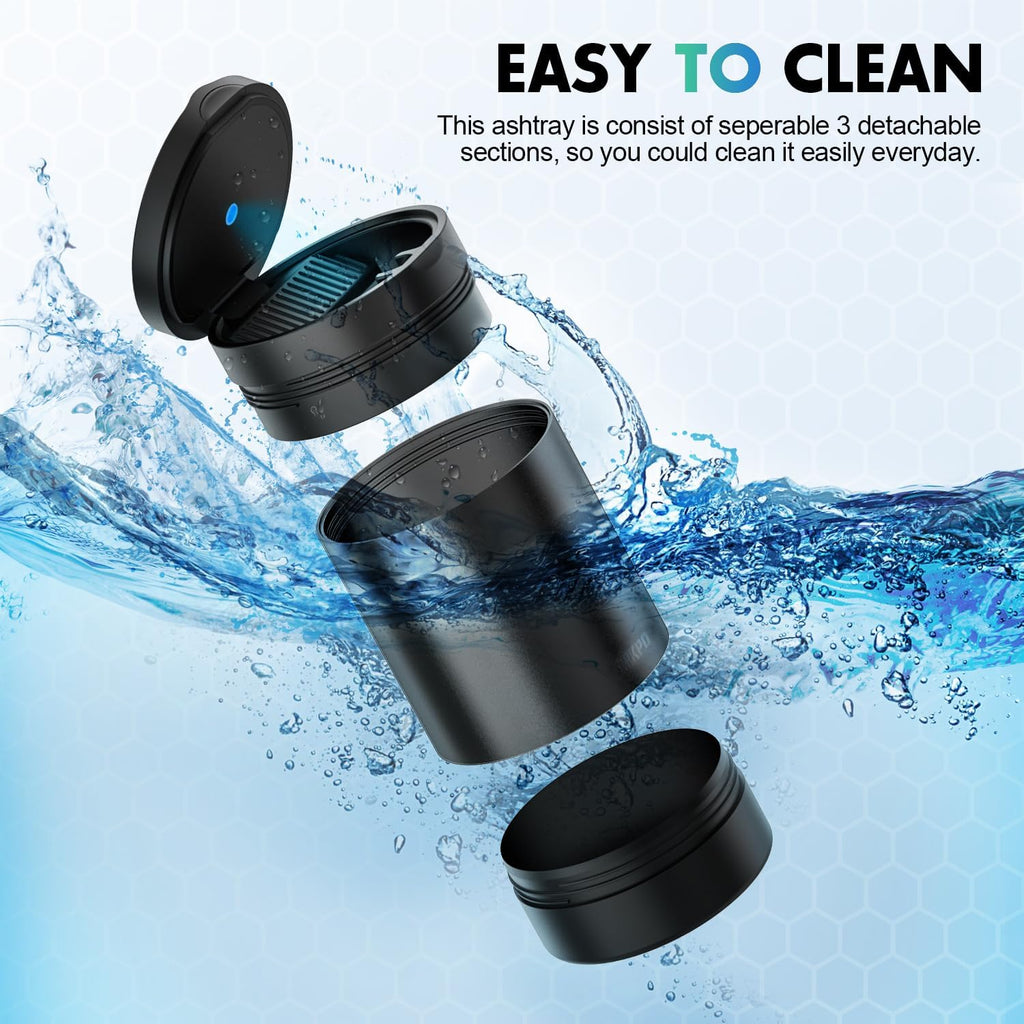Car Ashtray with Lid, Portable Ashtray for Car, Mini Car Trash Can | Detachable Stainless Steel Smokeless Ash Tray with LED Blue Light