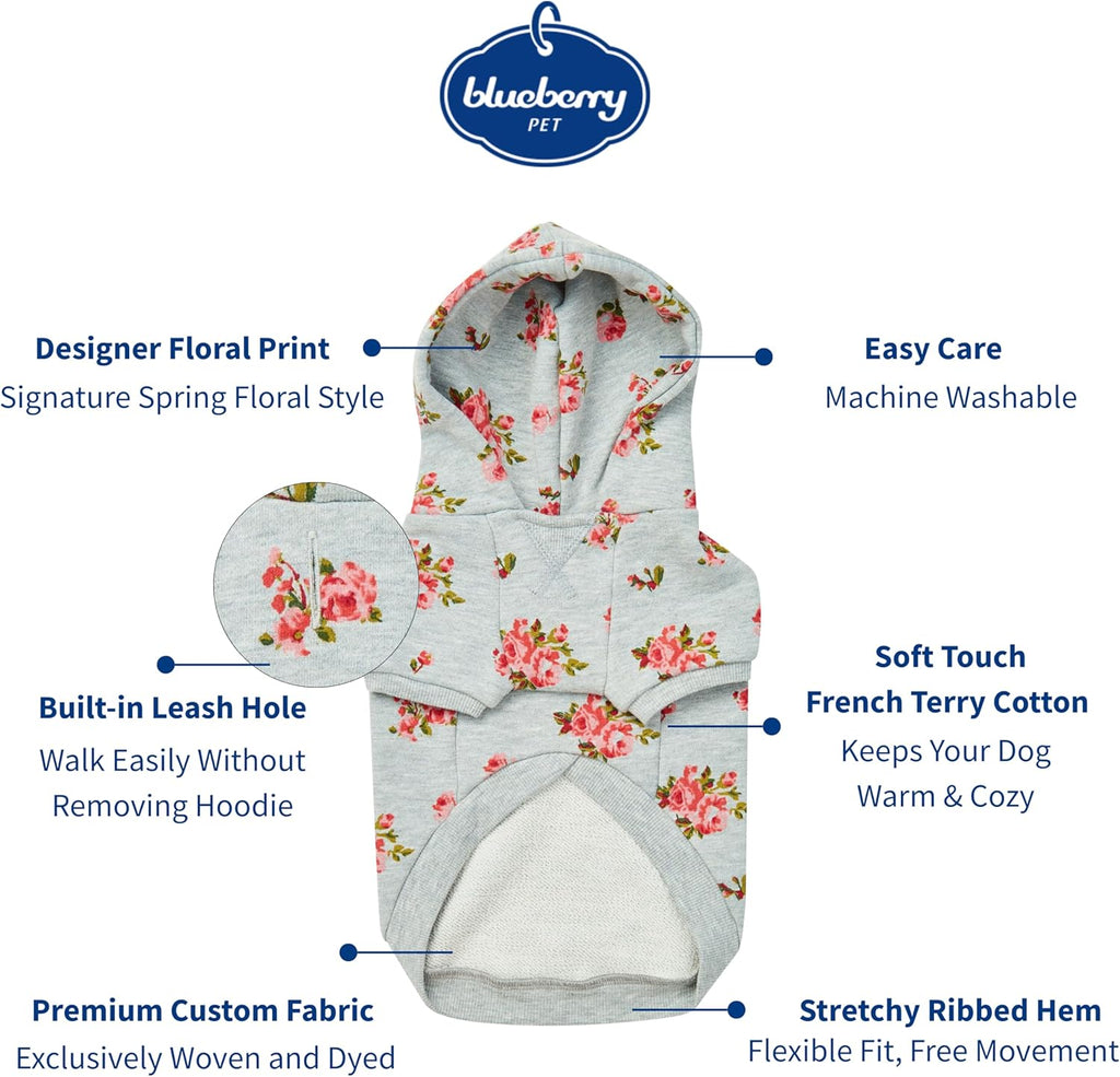 Floral Dog Hoodie, Rose Print Pullover Sweatshirt for Large Dogs, 22" Back Length, Lightweight Spring Outfit in Stylish Grey