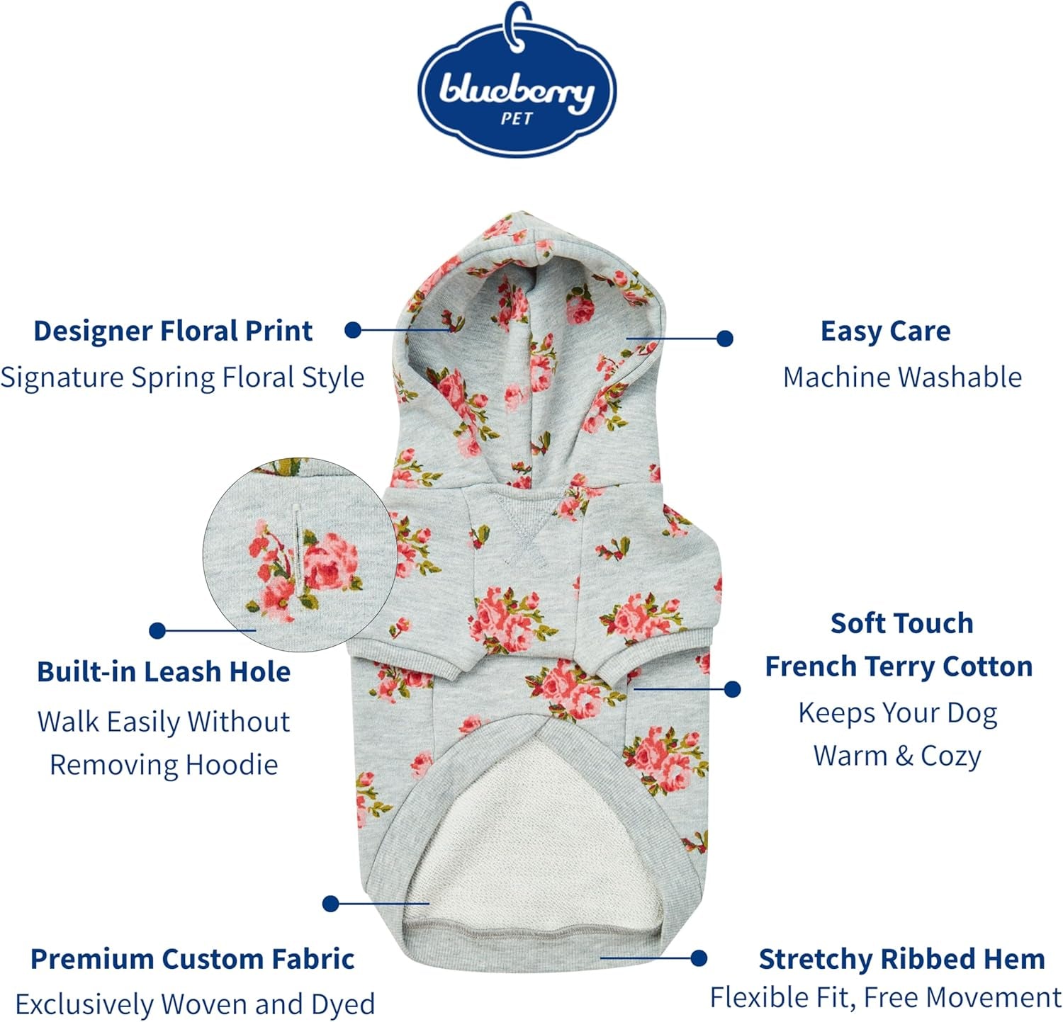Floral Dog Hoodie, Rose Print Pullover Sweatshirt for Large Dogs, 22" Back Length, Lightweight Spring Outfit in Stylish Grey