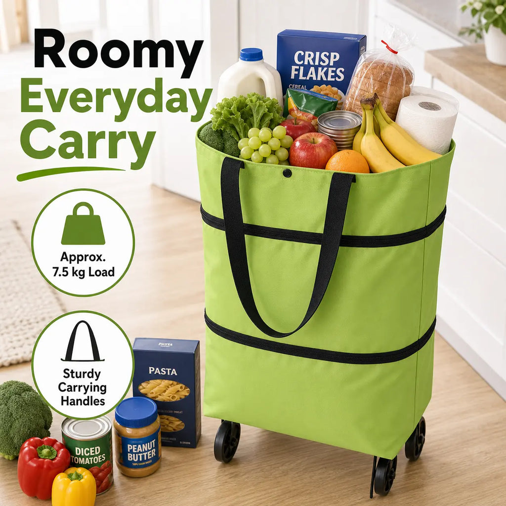 Foldable Rolling Shopping Bag with Wheels, Reusable Grocery Tote Cart, Lightweight Oxford Cloth Shopping Bag with Handles for Groceries, Laundry, Travel and Errands
