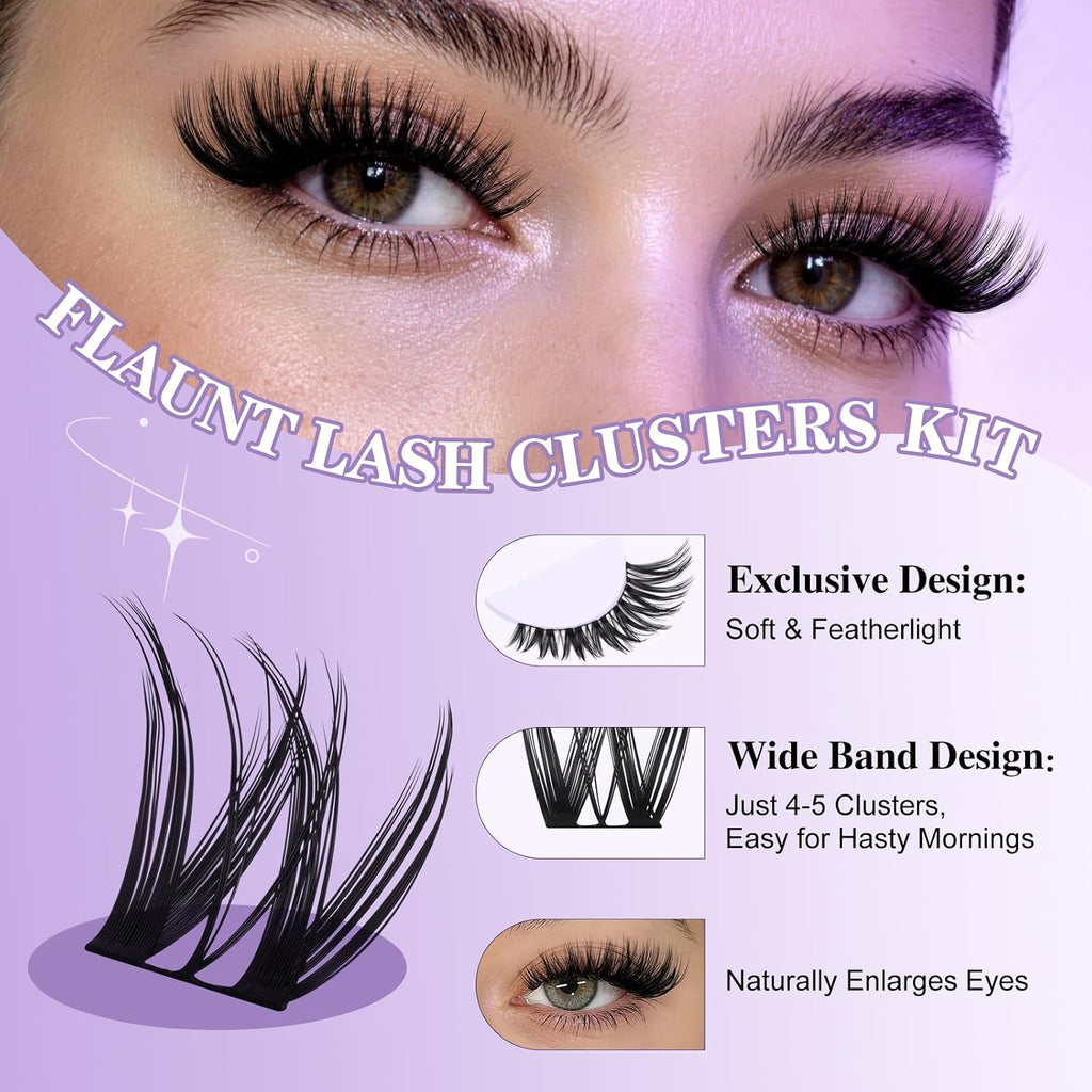 B&Q Flora Lash Clusters Kit 156PCS Flaunt Eyelash Clusters Medium Dramatic | Natural Lash Cluster Spider Lashes D-Curl Wet Look 8-18MIX All-In-One Lash Extension Kit for Sensitive Eyes Beginner-Friendly