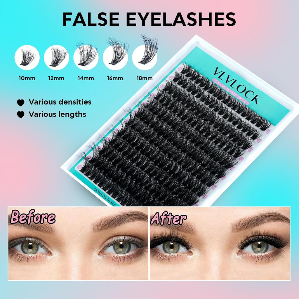 Lash Clusters Kit 80D Thick Lash Clusters Kit 10-18Mm Volume Eyelash Clusters D Curly Cluster Eyelash Extensions Kit 3D Wispy Lashes Clusters DIY Lash Extension Kit for Beginner(10-18Mm-80D Thick Kit)