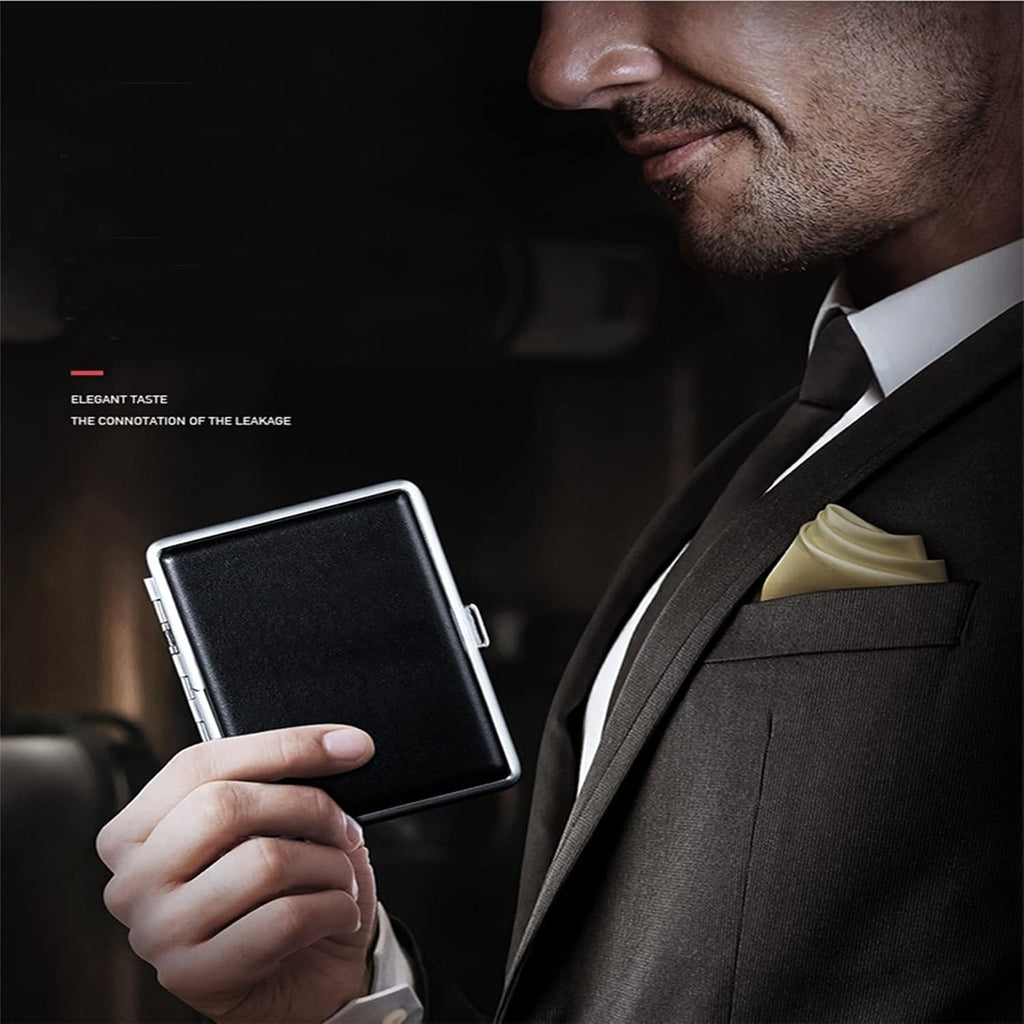 Cigarette Case Stylish Leather Surface Metal Box for 20 Cigarettes Cigarette Box for Men and Women Ideal Gift for Smoker 2 Boxes 84Mm Regular Size(Black + Brown)