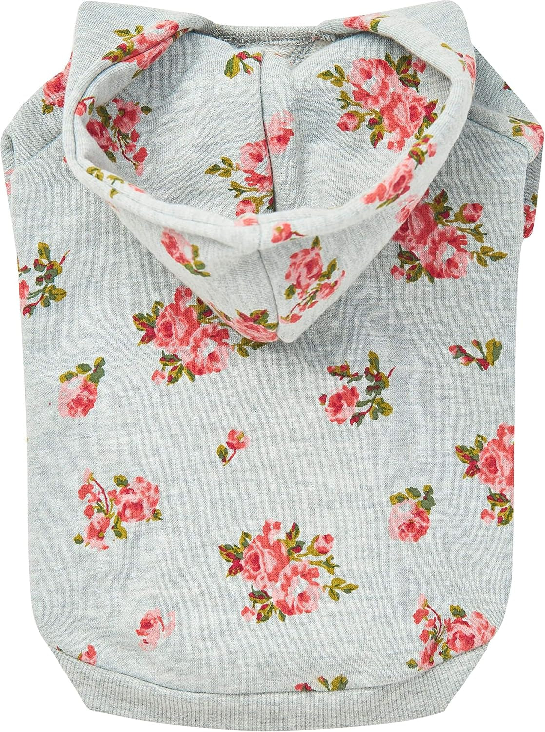 Floral Dog Hoodie, Rose Print Pullover Sweatshirt for Large Dogs, 22" Back Length, Lightweight Spring Outfit in Stylish Grey