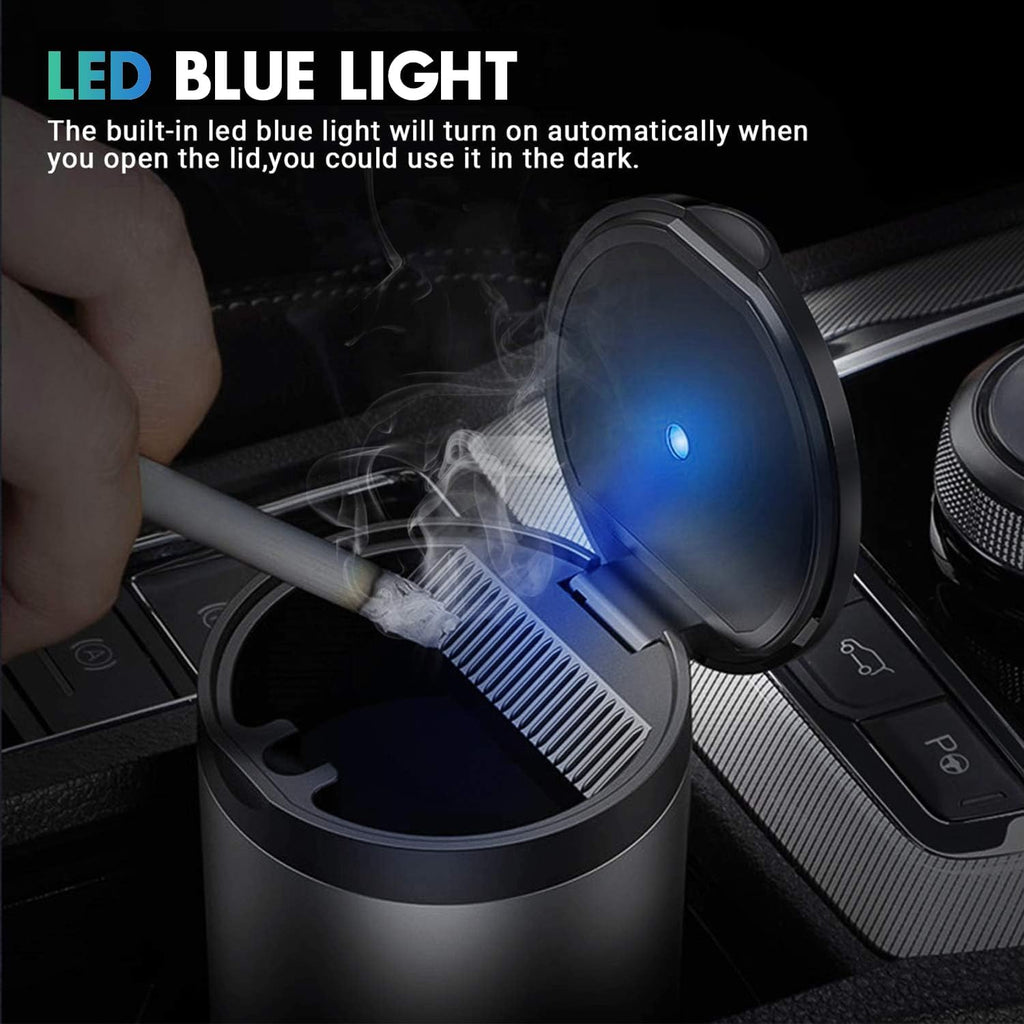 Car Ashtray with Lid, Portable Ashtray for Car, Mini Car Trash Can | Detachable Stainless Steel Smokeless Ash Tray with LED Blue Light