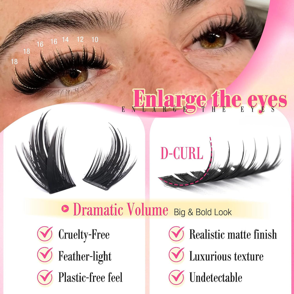 Manga Volume Lash Clusters Kit, Spiky D Curl 10-18Mm with Bond and Seal | Thick Fluffy Fibers, Lash Tweezers and Brush for a Complete DIY Routine